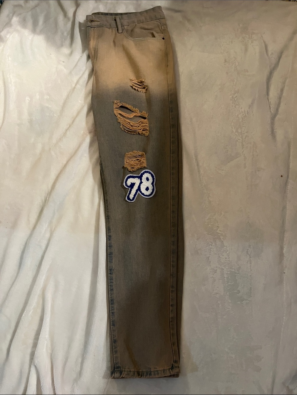 Women’s Distressed Brown Jeans with 78 Patch and Teddy Bear Patch